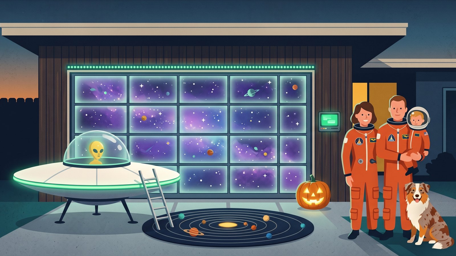 Painting: the crew in orange flight suits and the dog, in front of the glowing twenty-pane door on Halloween 2025, beside the first saucer